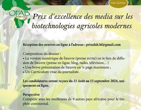 8ème édition OFAB Burkina Faso : Appel à candidature Prix d’excellence des media sur les biotechnologies agricoles modernes