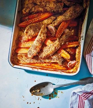 Recette : Poulet caramélisé au miel et carottes rôties